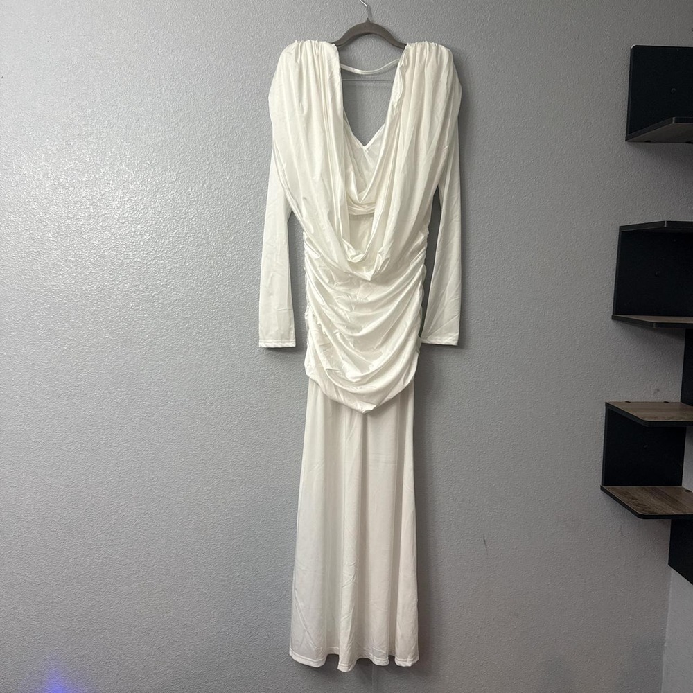 Chicme Cowl Neck Ruched Cinch Waist Slim Fit Maxi Dress Padded Shoulders